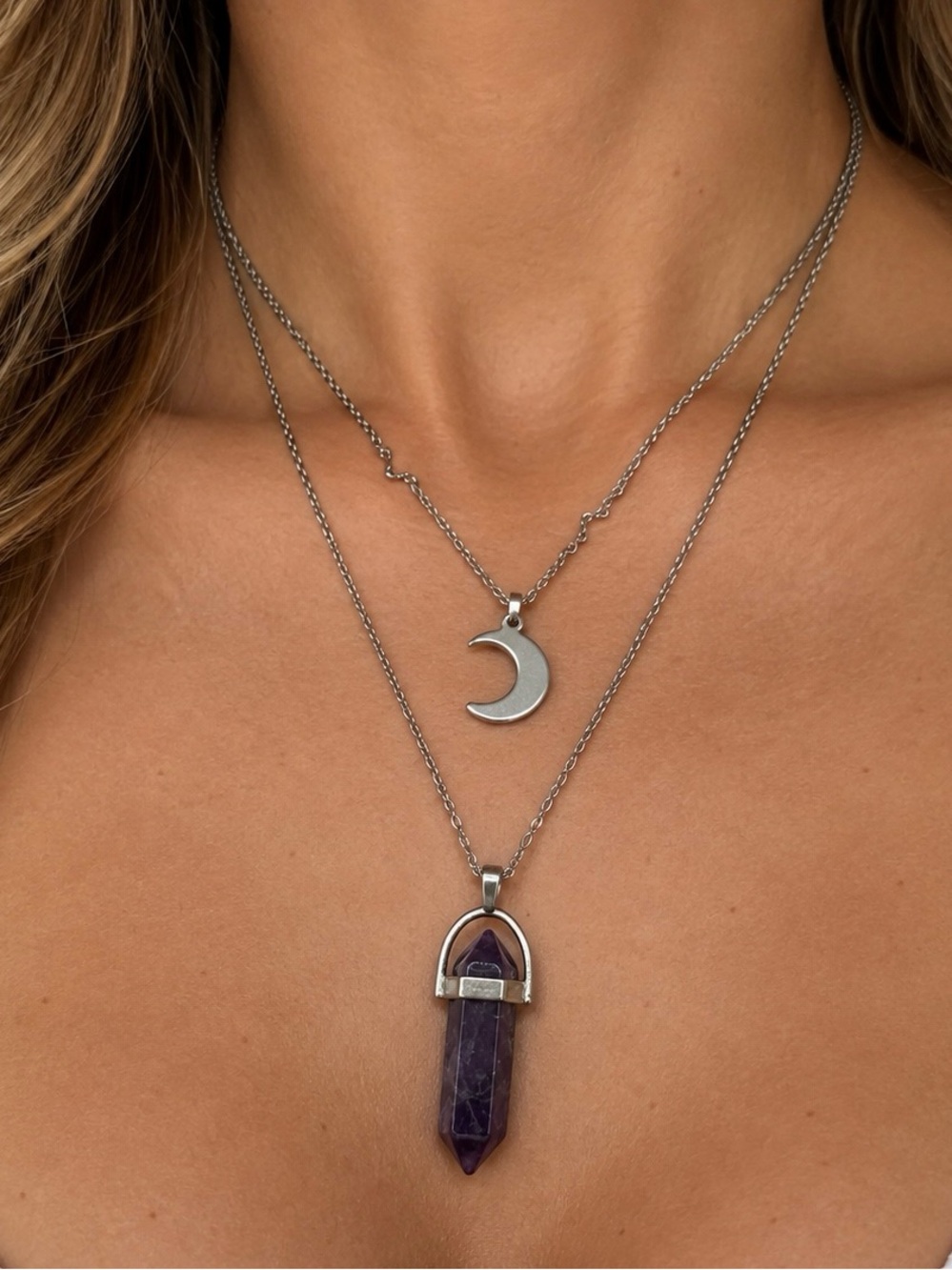 Silver Moon & Amethyst Pendant Layered Necklace - Silver Purple